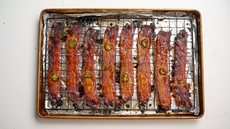 baked bacon on a baking sheet