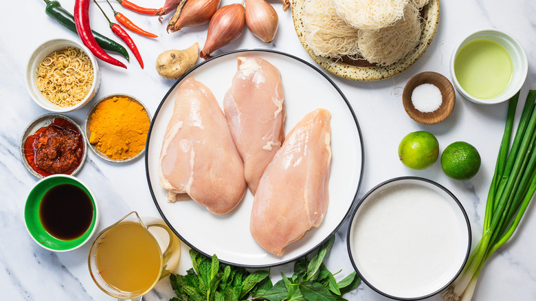 Ingredients for coconut curry chicken noodle soup.