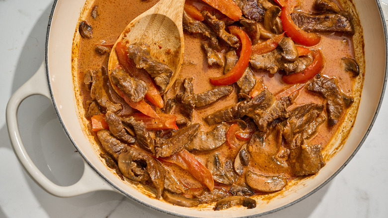 spicy beef stroganoff in a skillet