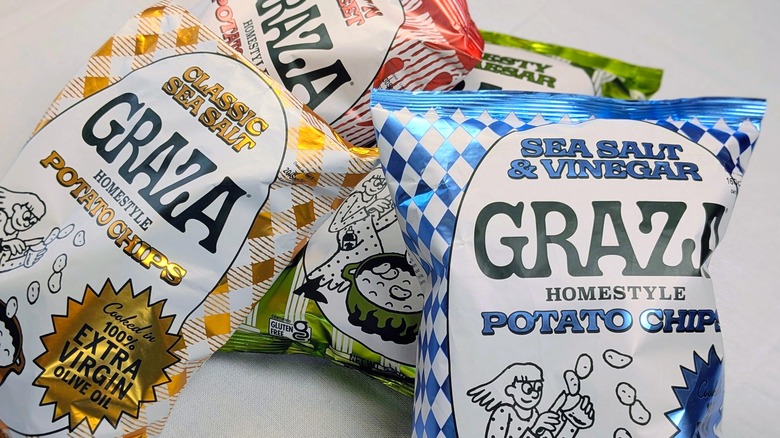 A close-up of four bags of Graza Homestyle Potato Chips