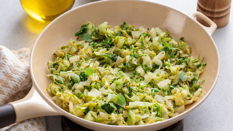 shredded cabbage in pan