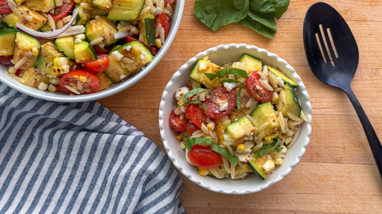 serving of orzo pasta salad in bowl