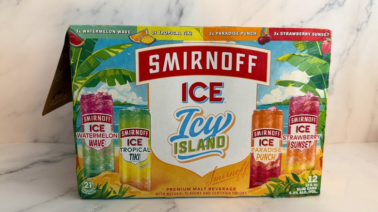 Case of Smirnoff Icy Island Cans on marble surface