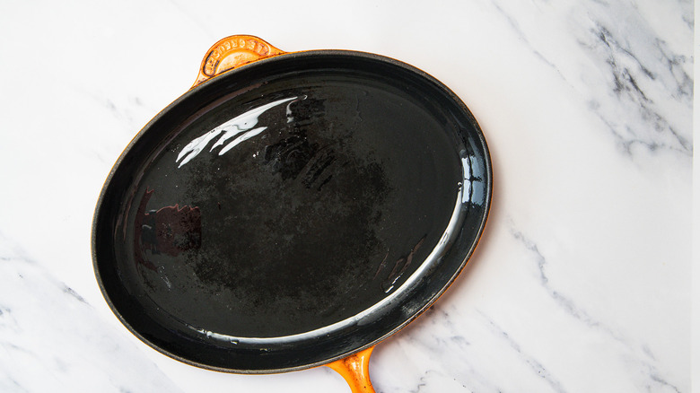 Preheated cast iron skillet.