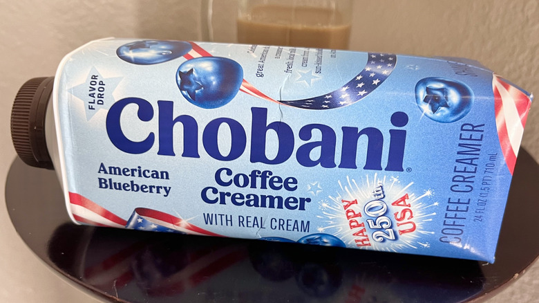 Chobani American Blueberry coffee creamer on a table