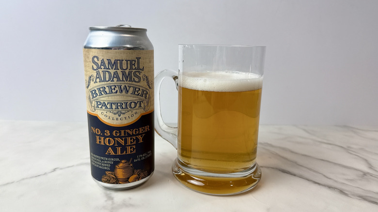 can of Sam Adams No. 3 ginger honey ale and beer in a glass