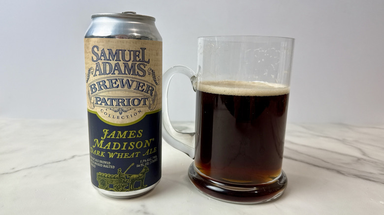 can of Sam Adams James Madison dark wheat ale and beer in a mug