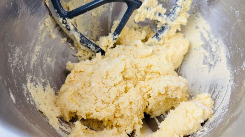 Cookie dough in stand mixer bowl