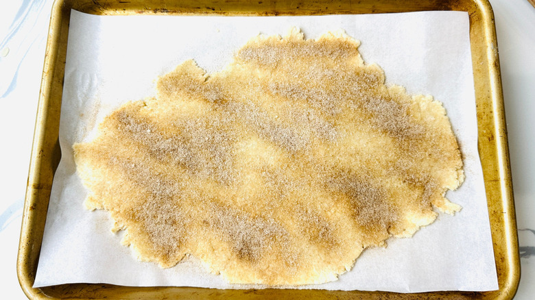 Cinnamon sugar dough on baking sheet