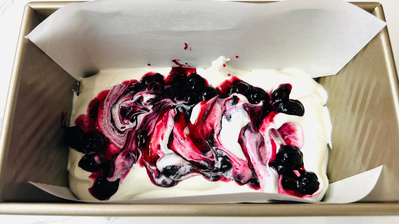 Ice cream with blueberry swirl in loaf pan