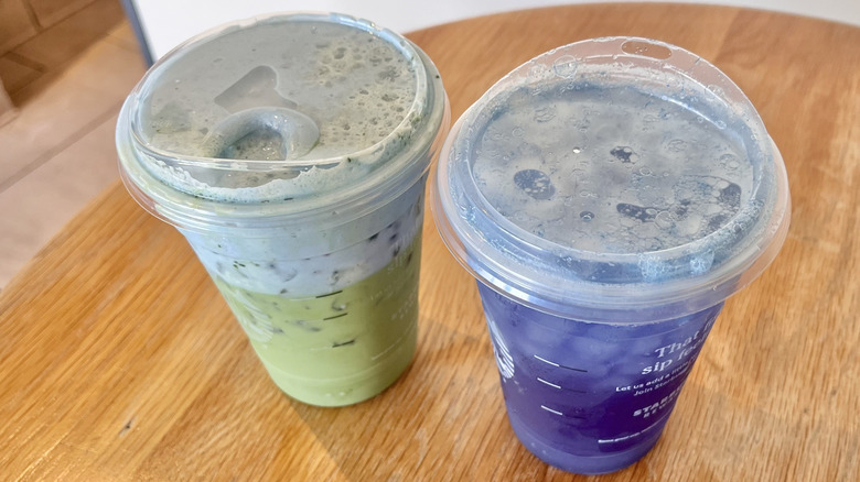 Top view of two Starbucks drinks on a table