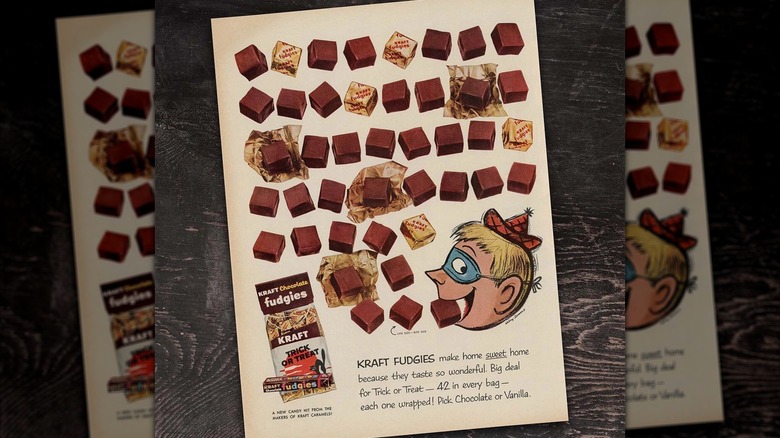 Vintage print ad for Kraft Fudgies on dark table, mirrored image