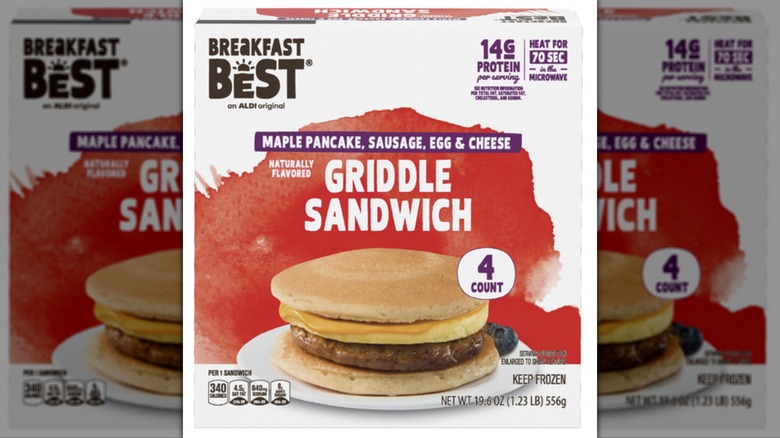A box of Aldi Breakfast Best Griddle Sandwiches