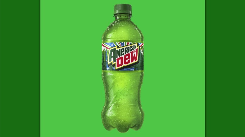 Bottle of Mountain Dew American Dew on green background