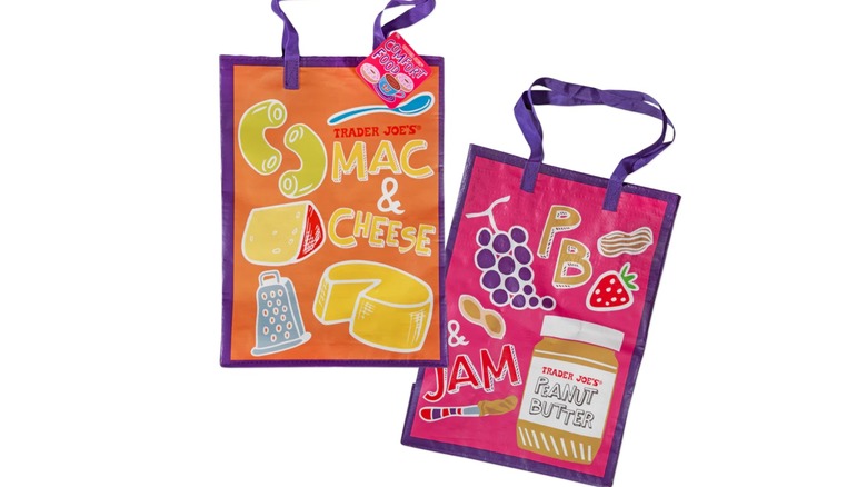 The Trader Joe's Comfort Food Reusable bags shown in Mac and Cheese and PB and Jelly styles