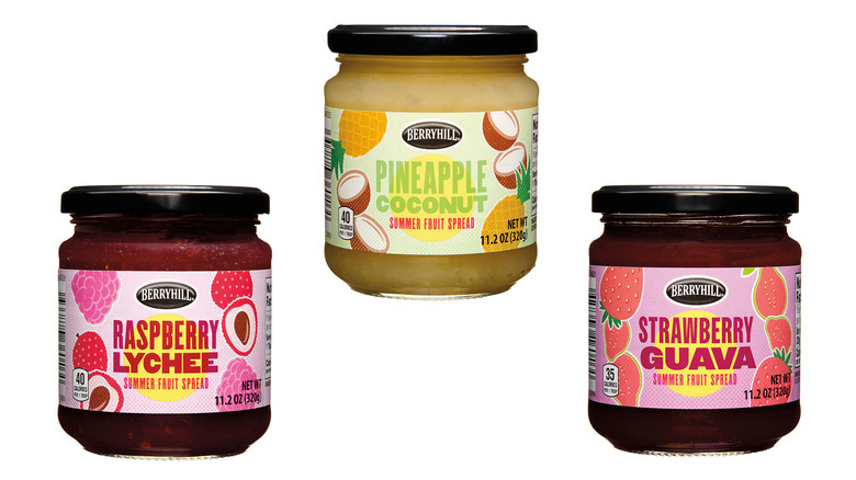 Aldi Berryhill Fruit Spread flavors on white background