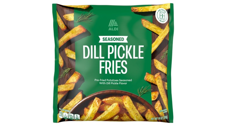Aldi Dill Pickle frozen fries on white background
