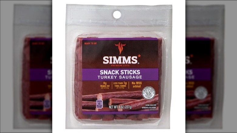 A bag of Simms turkey sausage snack sticks