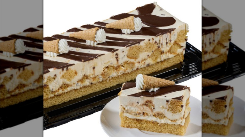 A Kirkland Signature Waffle Cone Bar Cake with a slice of cake on a white plate