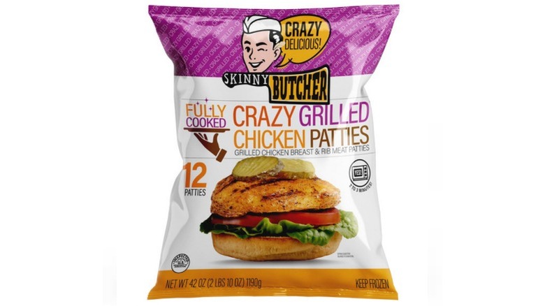 A bag of Skinny Butcher Crazy Grilled Chicken Patties on white background