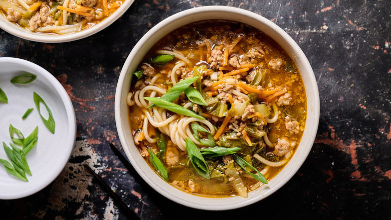 Pork and vegetable noodle soup in bowl, garnished with chopped green onion