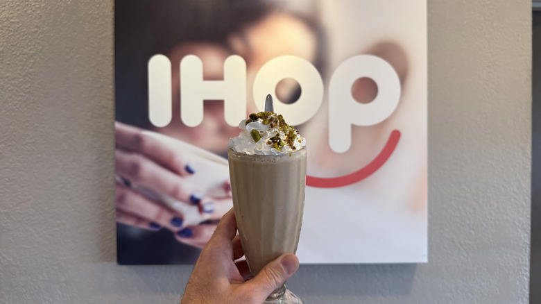 Dubai Chocolate Milkshake in front of an IHOP sign
