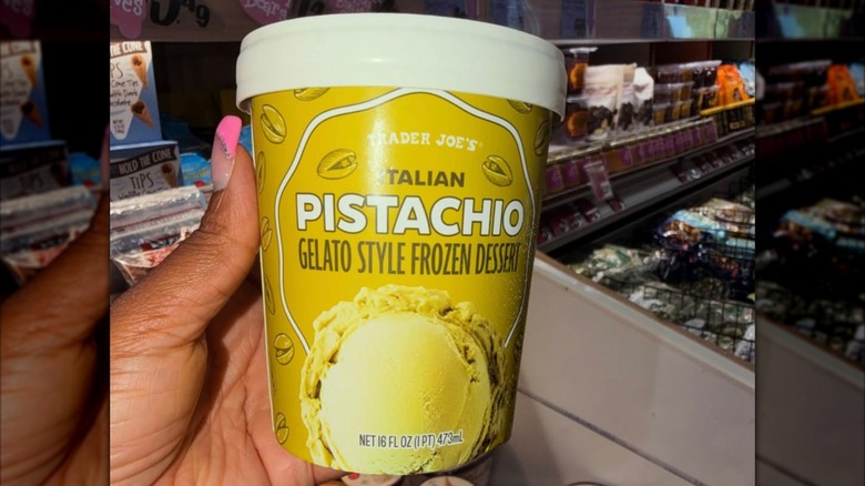 Grocery customer holding Trader Joe's gelato tub