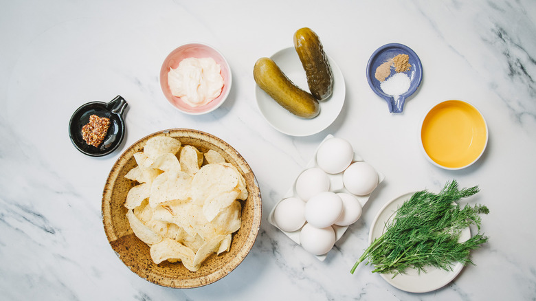Ingredients for 'all about pickles' air fryer deviled eggs.