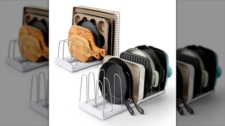Sam's Club's YouCopia Cookware and Bakeware Organizer, 2-Piece Set, holding various pans, baking sheets, and cutting boards