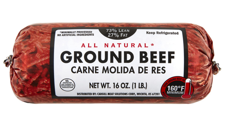 A one-pound tube of all natural ground beef on white background