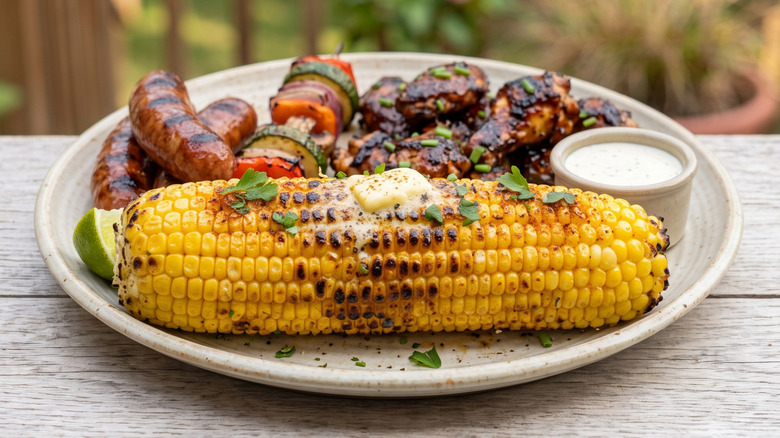 A white plate with butter-drenched corn on the cob, sausage, chicken, and a vegetable kebab