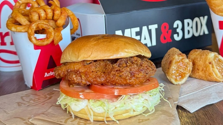 Arby's $7.99 Meat and 3 deal with chicken sandwich, curly fries, apple pie