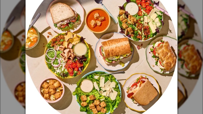 Items from Panera Bread's 10-item mix and match menu including salads, soup, and sandwiches