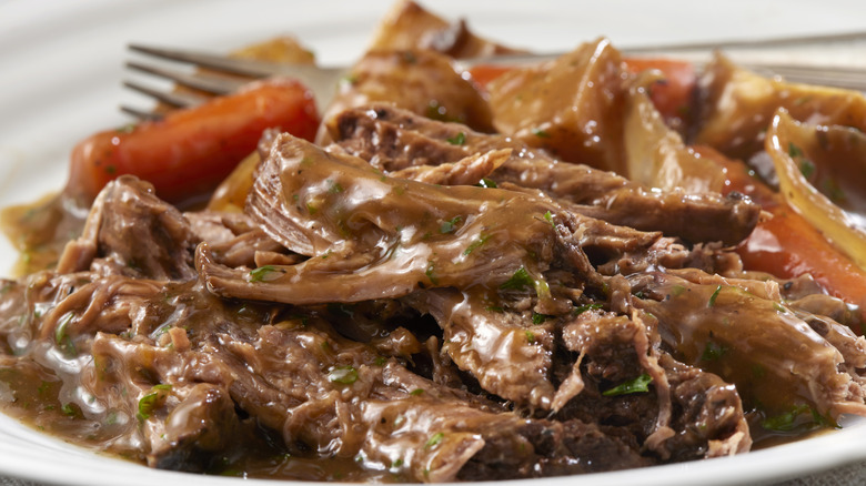 A plate loaded with chunks of pot roast, some carrot and onion, covered in brown gravy