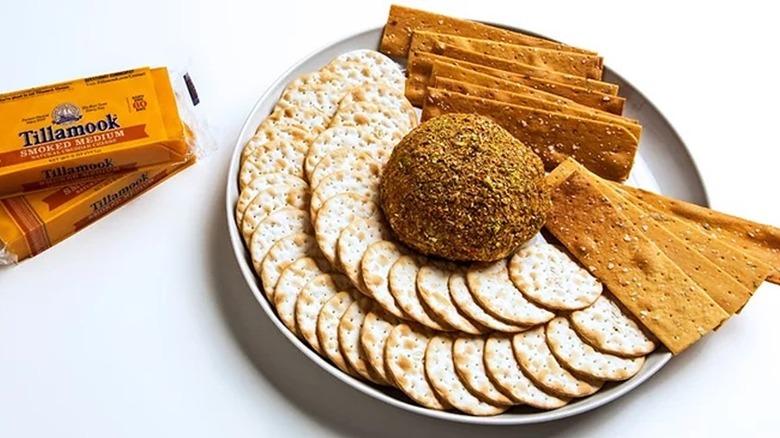 plate with crackers and cheese ball