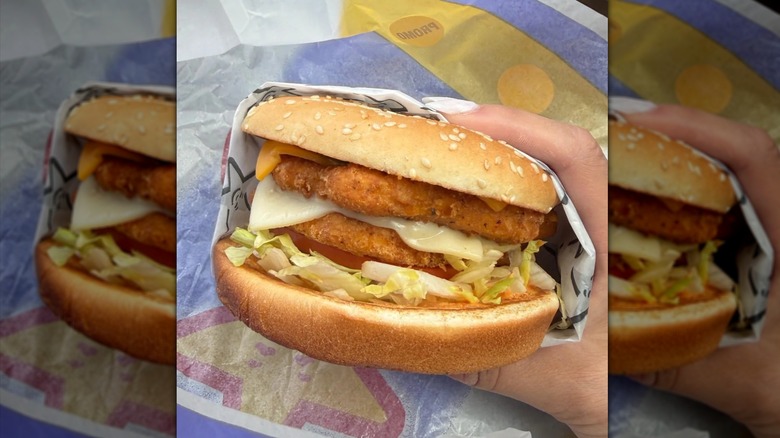 A hand holding a Carl's Jr. Spicy Chicken Maxx sandwich