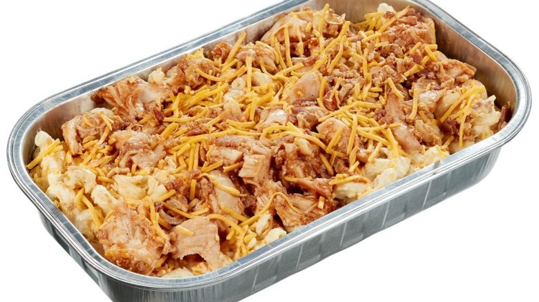 A container of Kirkland Signature BBQ Chicken Mac and Cheese with Bacon