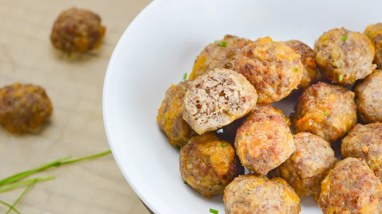 Air Fryer Keto Sausage Balls in large white bowl