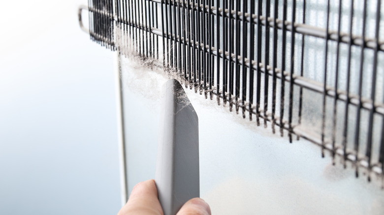 Person vacuuming dirty refrigerator condenser coils