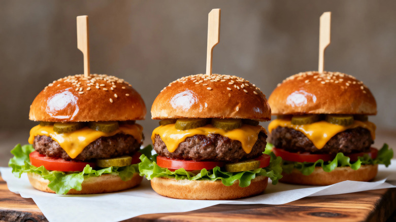 Close up of three cheeseburgers on wooden board