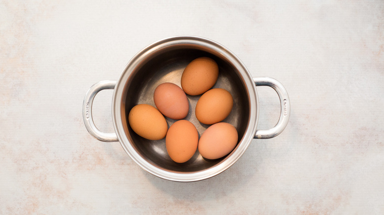 brown eggs in small pot