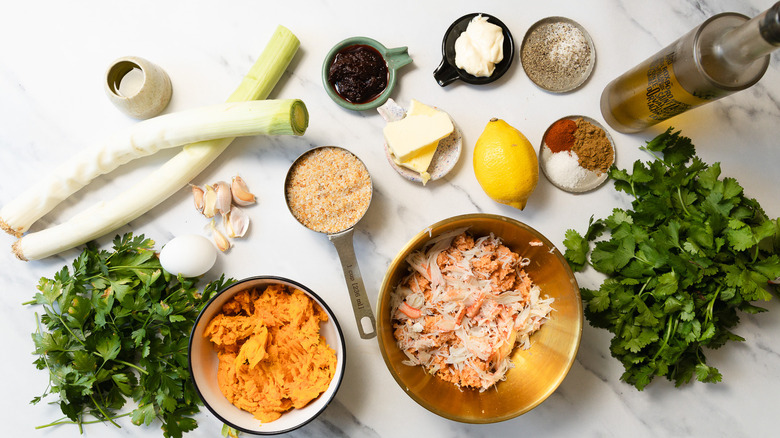 Ingredients for sweet potato crab cakes with chermoula sauce
