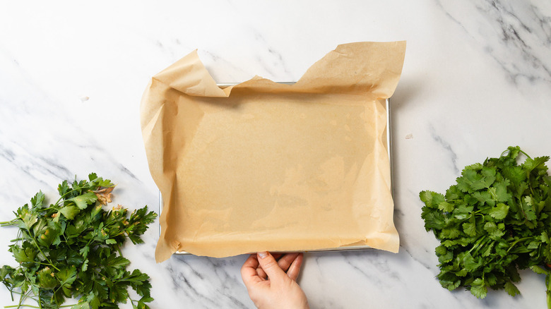 A baking sheet with parchment paper