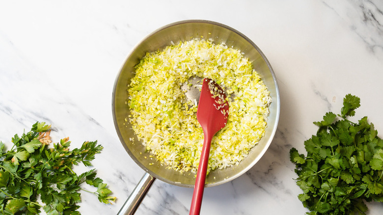 Diced leeks in pan