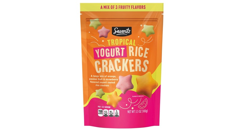 A bag of Savoritz Tropical Yogurt Rice Crackers