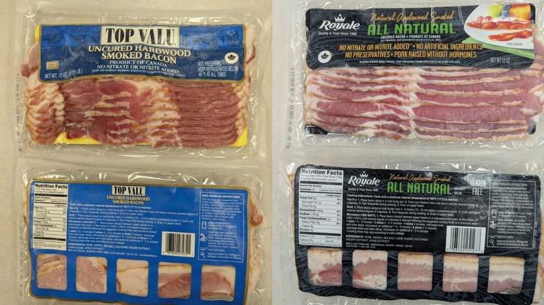 The two recalled bacons in their packaging; Top Value on the left, Royale on the right