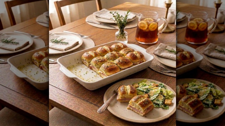 A tray of Sam's Club ham and cheese sliders on a dining table