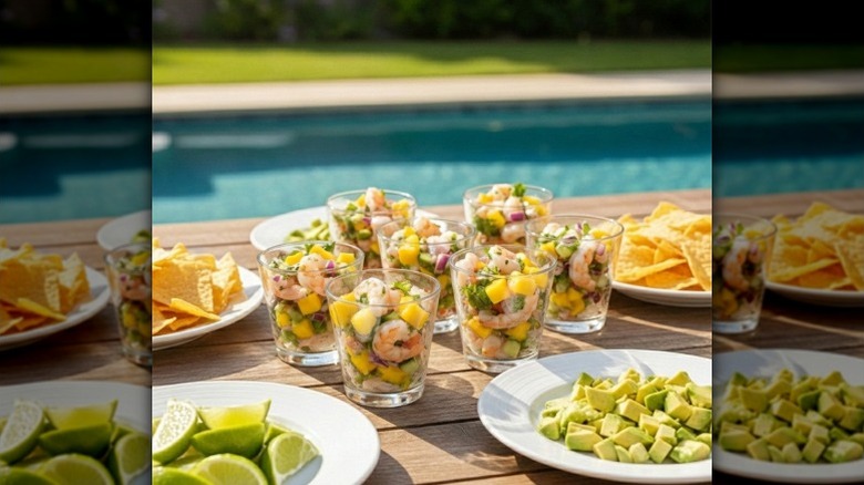 Cups of Sam's Club shrimp ceviche with mango, served with tortilla chips and avocado
