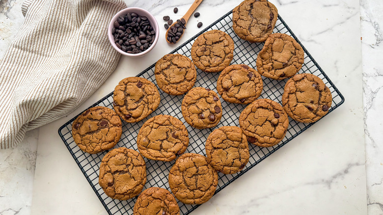 coffee chocolate chip cookies on cooling rack