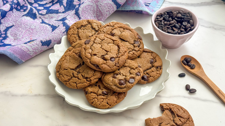 coffee chocolate chip cookies on plate